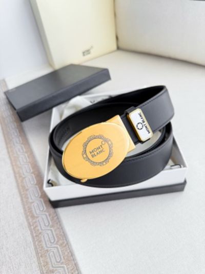 1:1  Montblanc  Black Leather Belt with Gold Logo Buckle Elliptical Shape Buckle  3.5cm